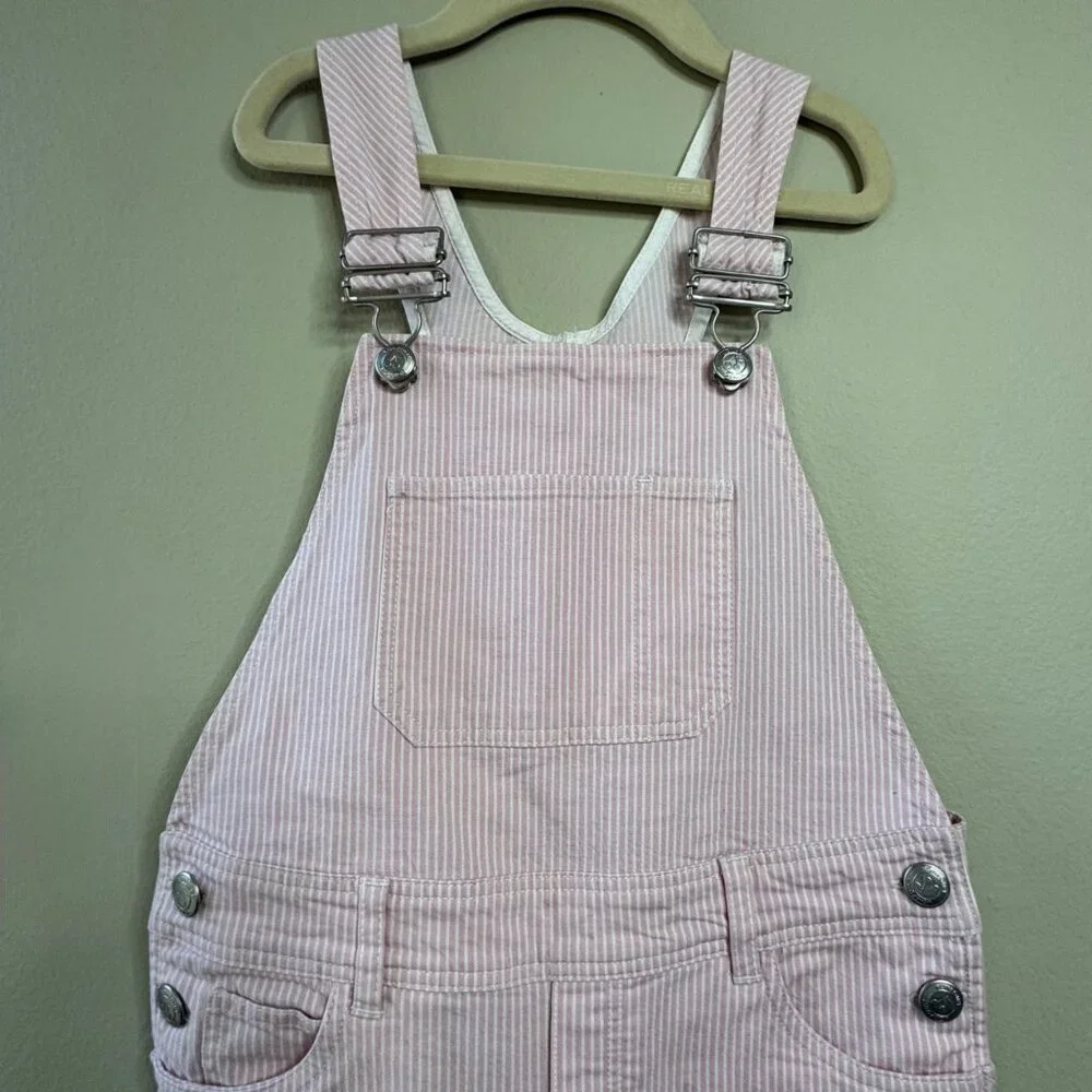 BONPOINT Pale Pink Stripe Overalls Girls 8 Stretch Cotton Bib Dungarees Classic - Picture 3 of 9